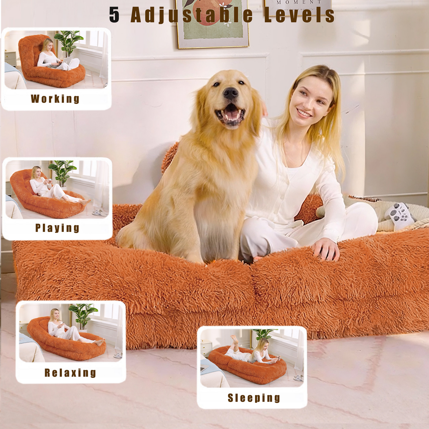 Adjustable Human Dog Bed & Lazy Sofa - Orange Plush Fabric