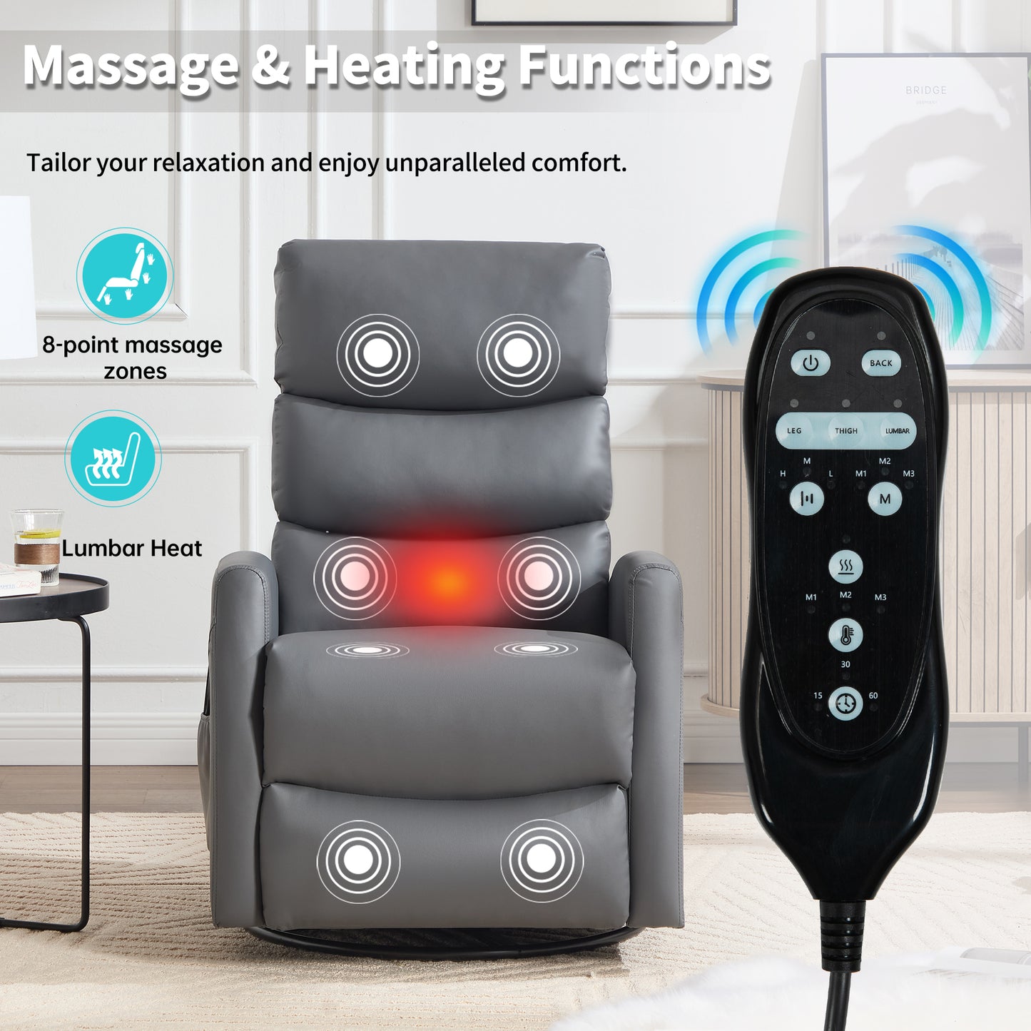 Heat Massage Recliner Chair with Rocker & Swivel - Grey
