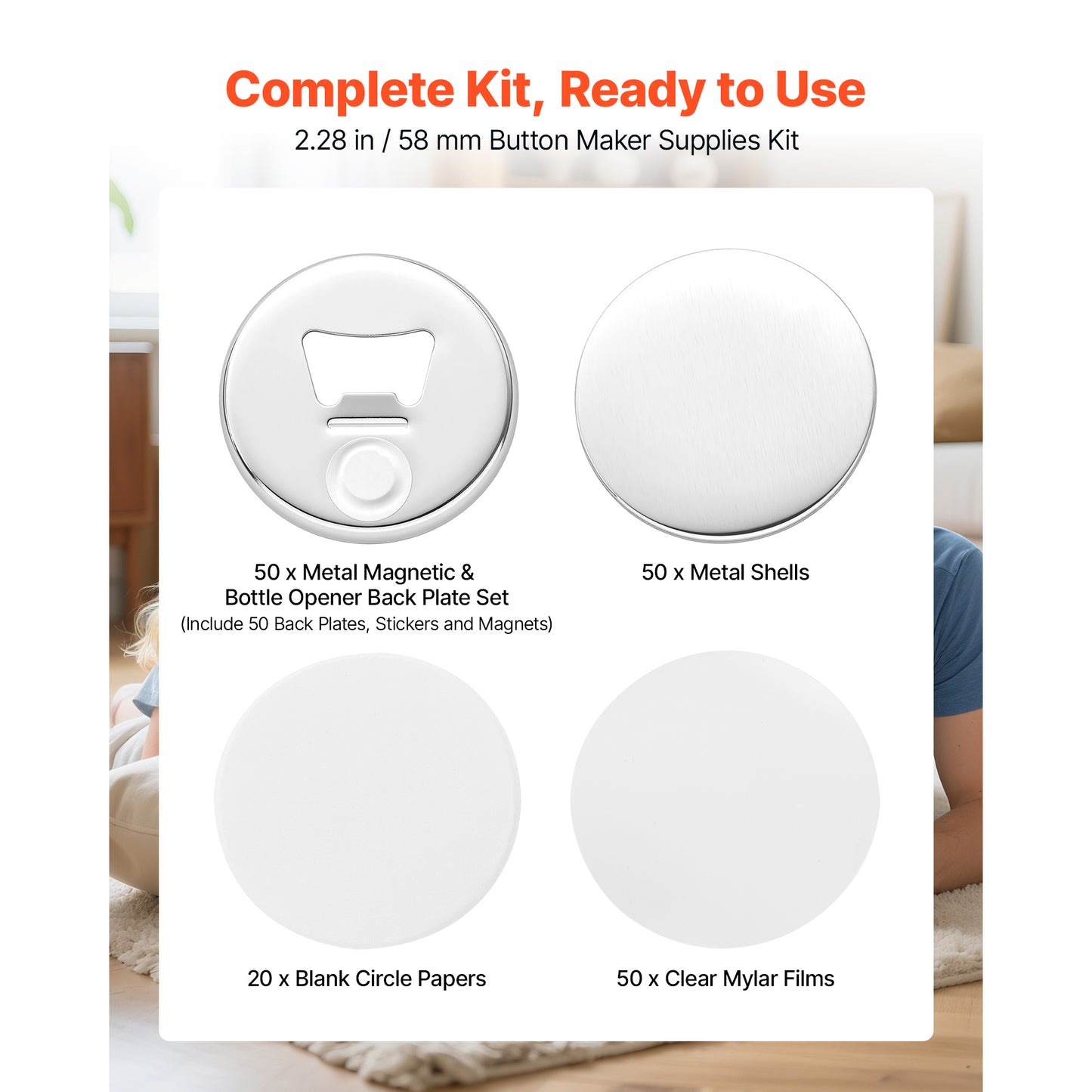 Button Maker Supplies Set with Magnet Backs and Craft Accessories - 50 Sets