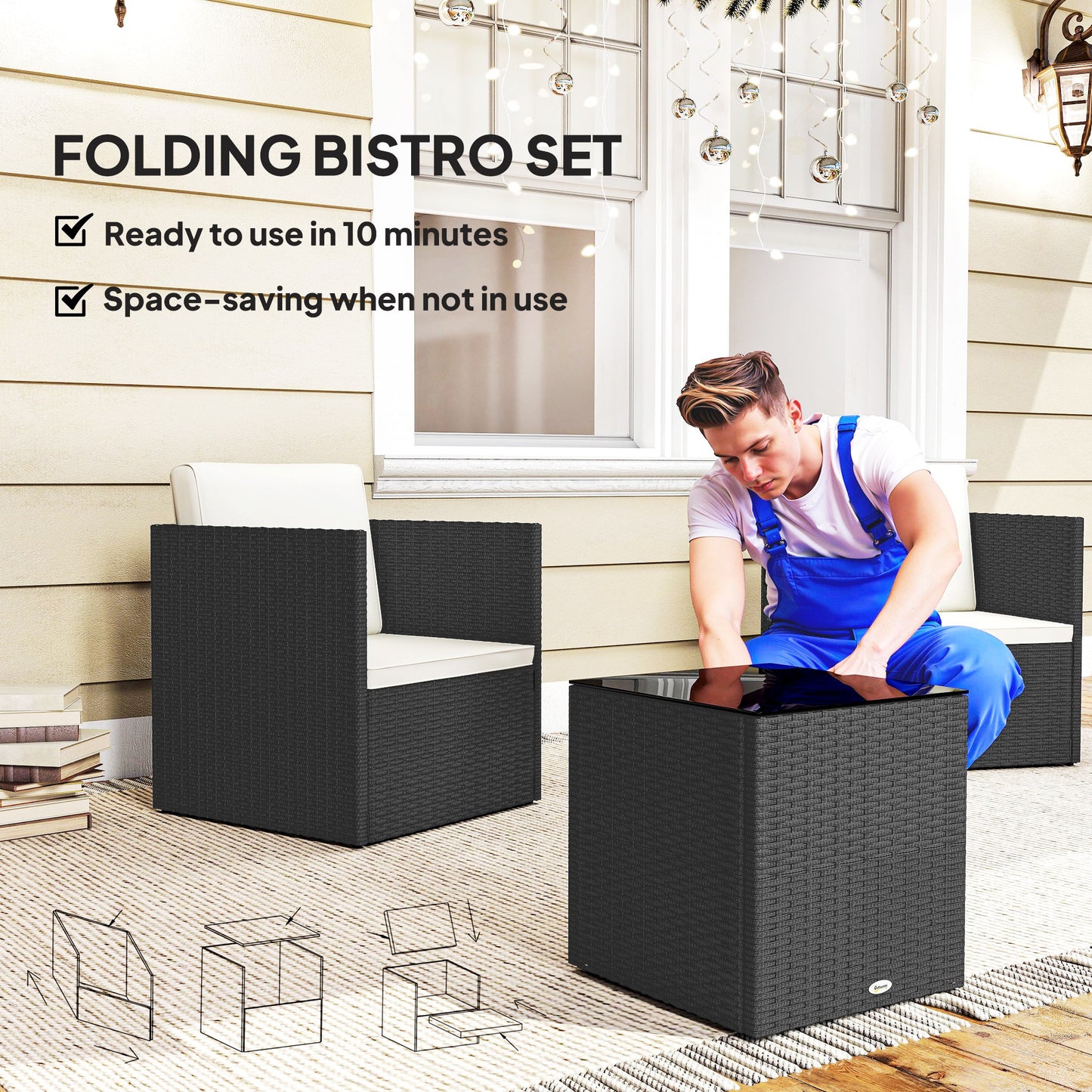 Folding Wicker Bistro Set - 3 Piece Outdoor Furniture with Cushions, Black
