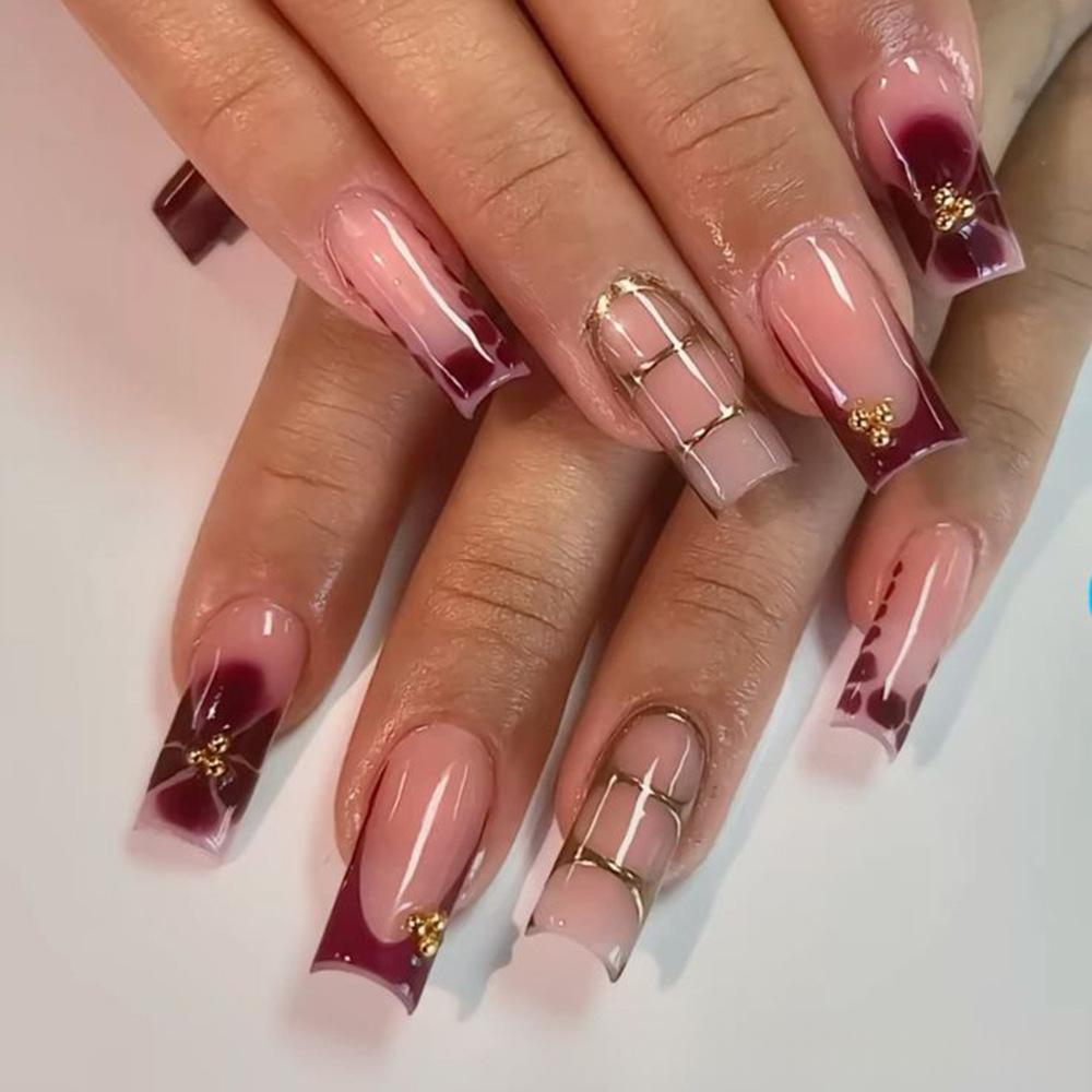 Printed Golden Square Press-On Nails with Floral Design - 24pcs