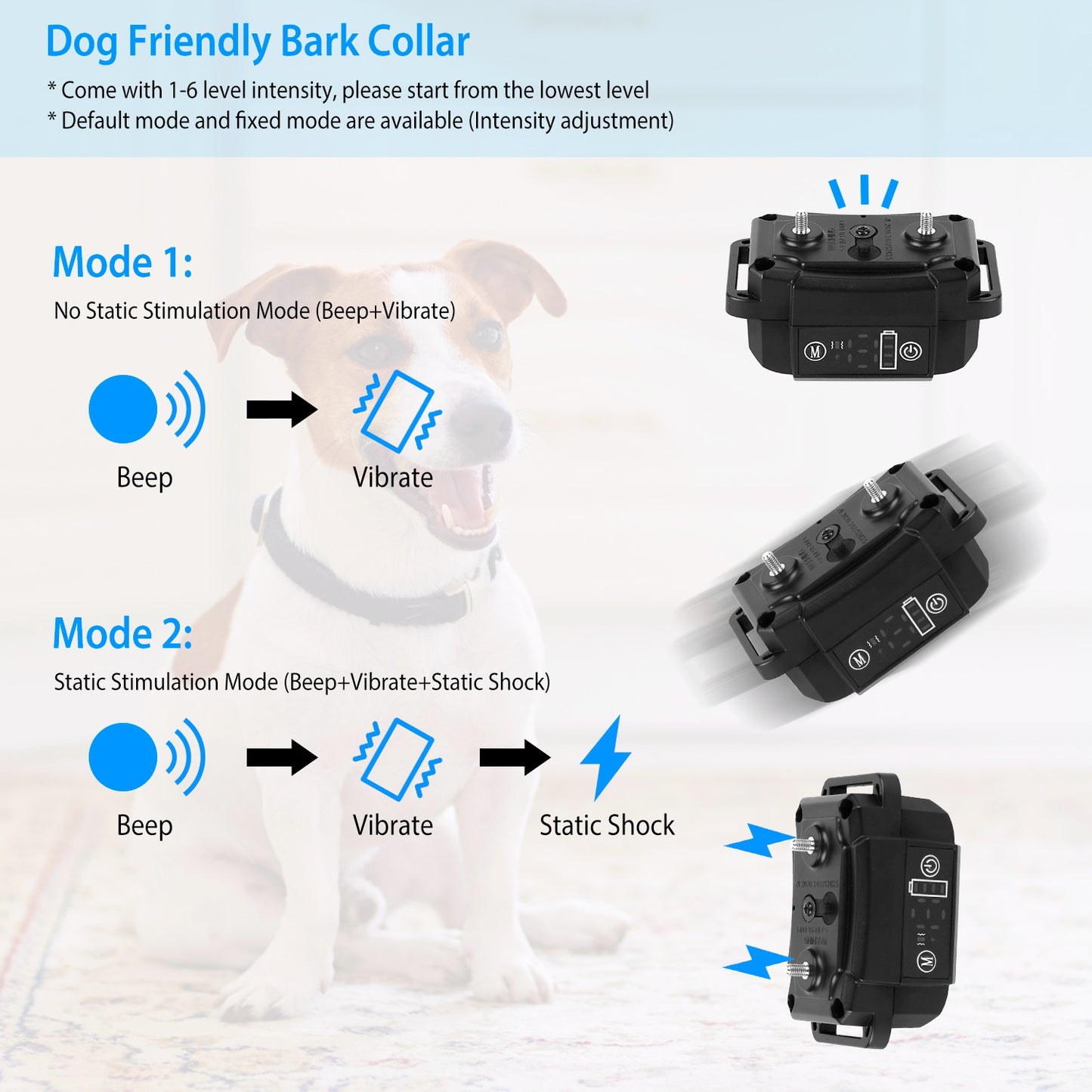 Rechargeable Waterproof Dog Bark Collar with Beep Vibration Static Modes