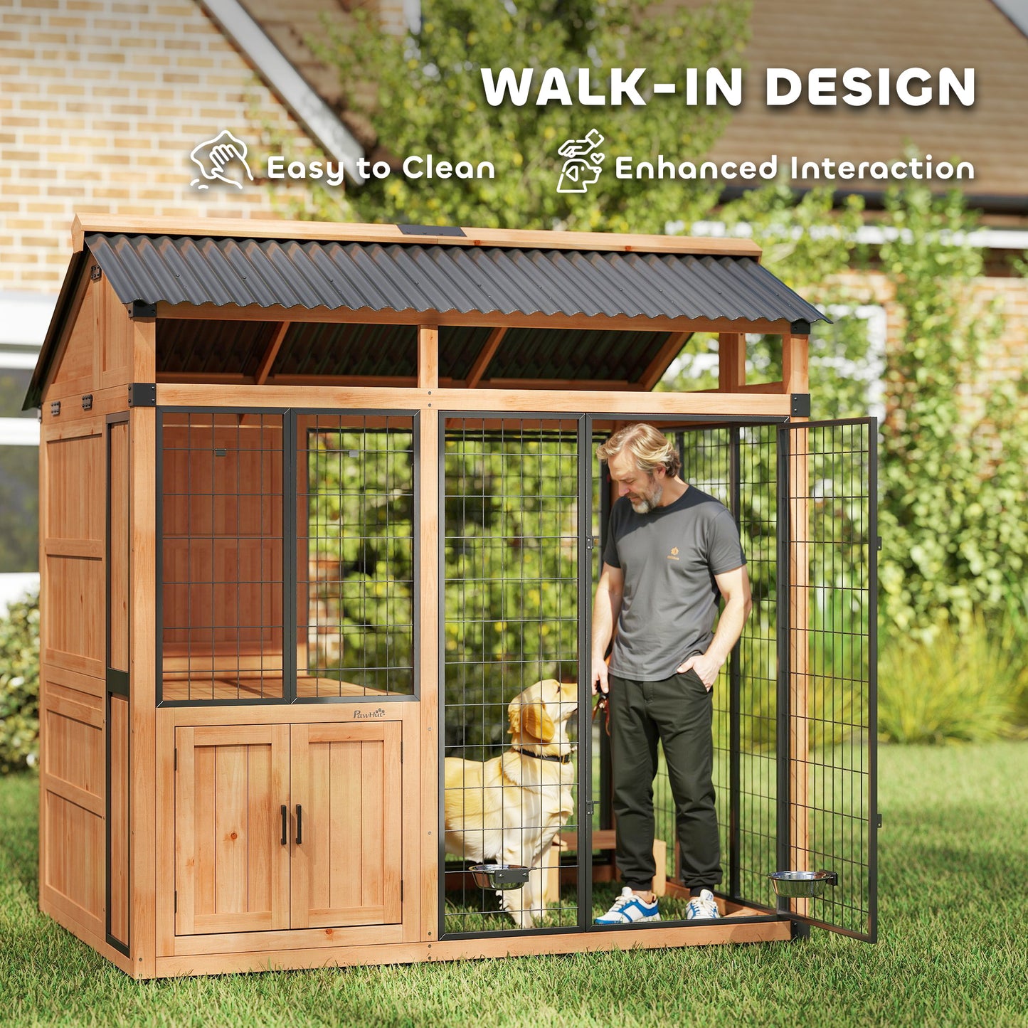 Large Outdoor Dog House with Platform and Storage Cabinet - Weatherproof Wooden Kennel