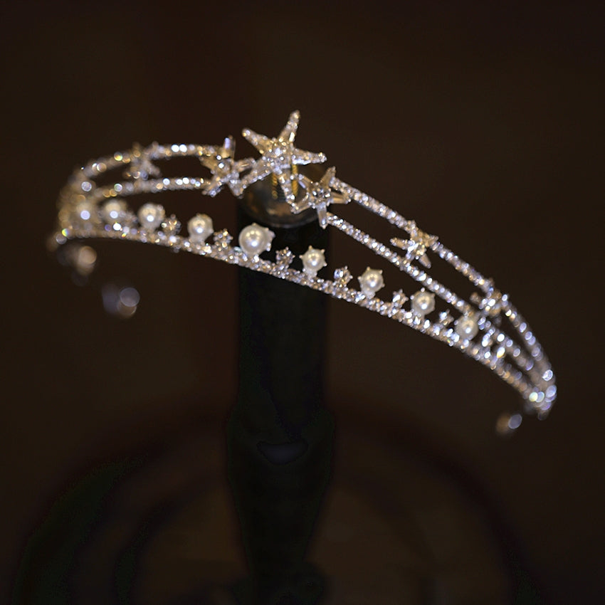 Pearl Rhinestone Crown Headband - Silver