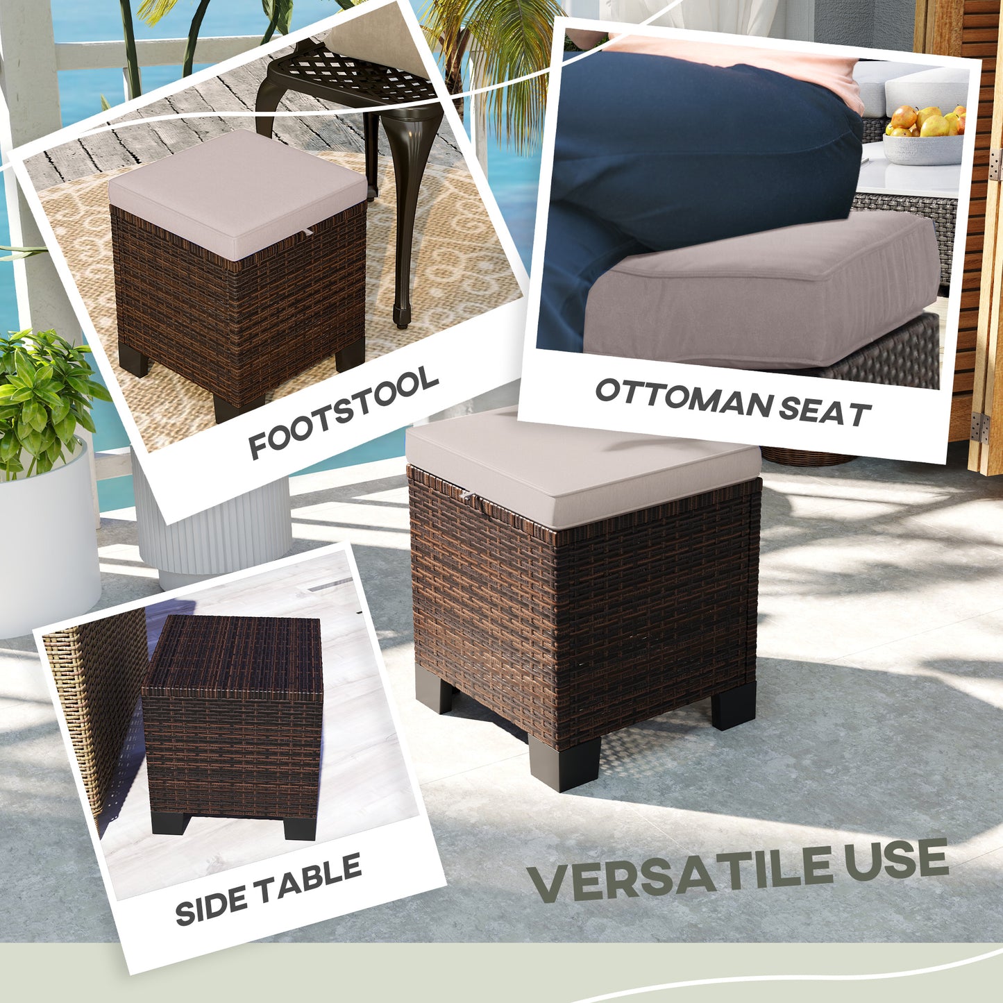 2-Piece Outdoor Wicker Ottoman Set with Cushions - Cream