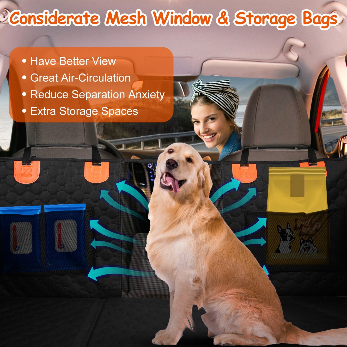 Waterproof Dog Car Seat Cover with Mesh Window & Storage Bags - Universal Fit