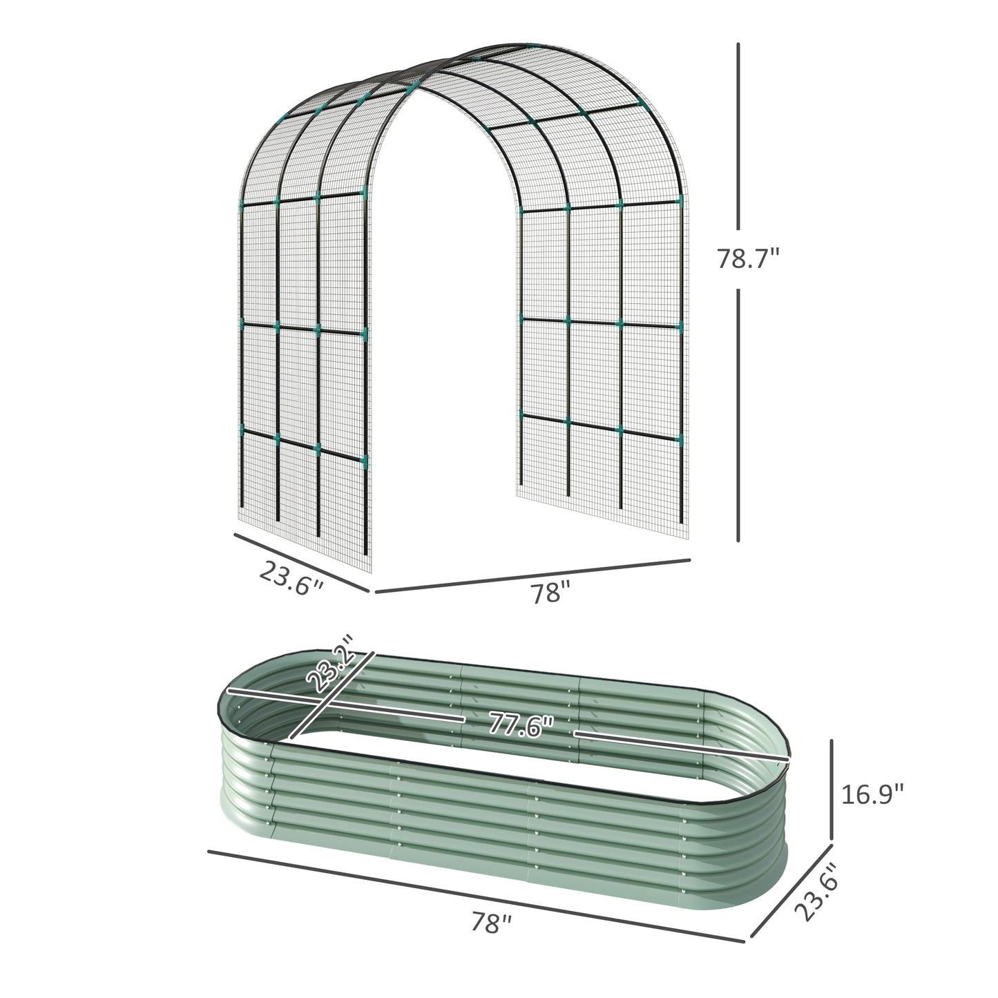 Raised Garden Beds Set with Arch Trellis Climbing Net Galvanized Steel Green