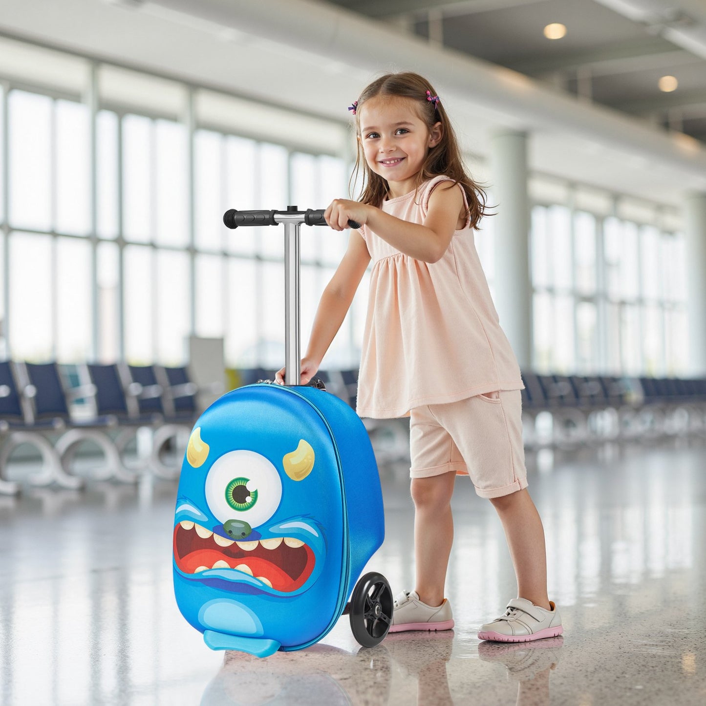 Kids Ride-On Luggage Scooter Suitcase 20-Inch Blue with Flash Wheels