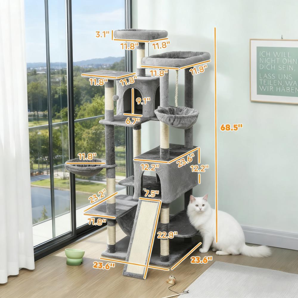 Multi-Level Cat Tree - Dark Gray 69" Cat Tower with Condos & Hammocks