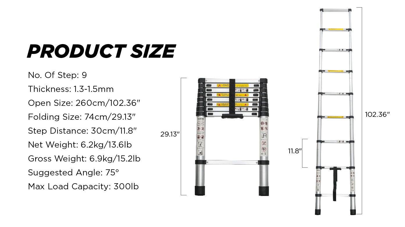 8.5FT Aluminum Telescoping Ladder for Outdoor Work, Heavy Duty & Lightweight Extension Ladder