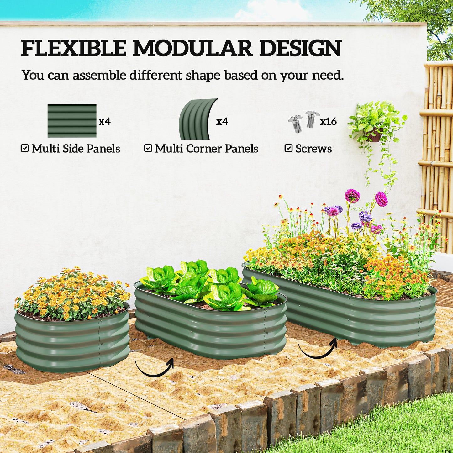 Galvanized Raised Garden Bed Kit - Modular Metal Planter Box with Safety Edging, Green, 595x360x170 mm