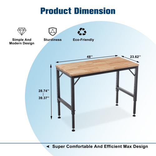 Heavy Duty Adjustable Workbench 48 Inch Garage Table with Rubber Pads & Steel Legs