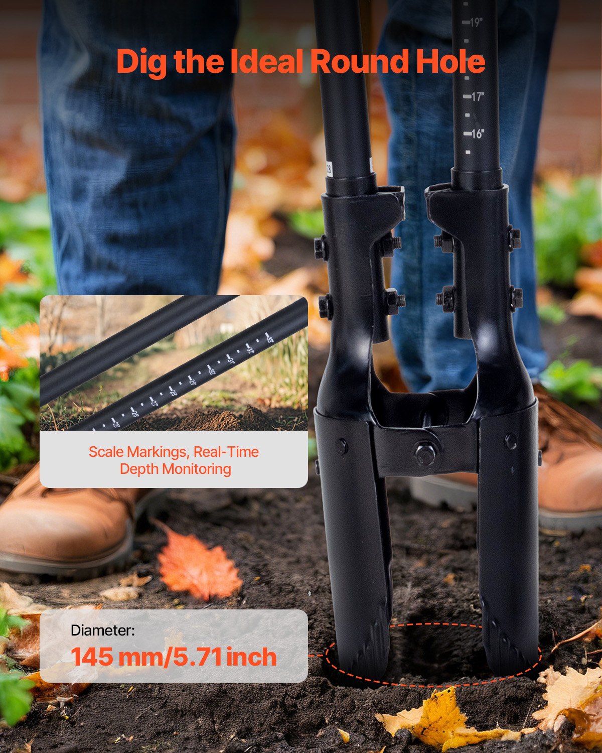 Post Hole Digger with Fiberglass Handle and Scale Markings - Manual Garden Tool 57.5"