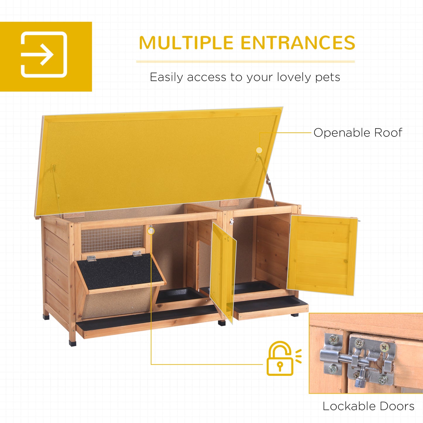Large Rabbit Hutch with 2 Outdoor Areas and Main House - Yellow