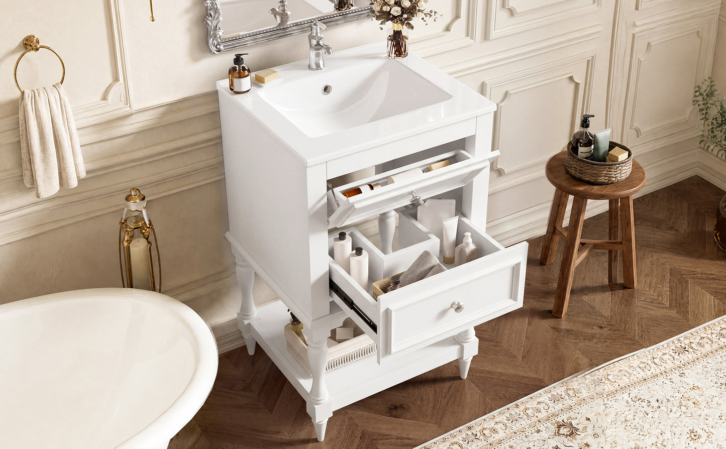 20'' White Bathroom Vanity with Ceramic Sink & Storage Cabinet