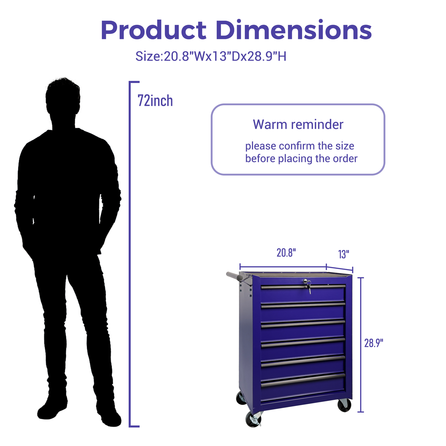 Rolling Metal Tool Chest with 6 Drawers - 20" Steel Storage - Purple