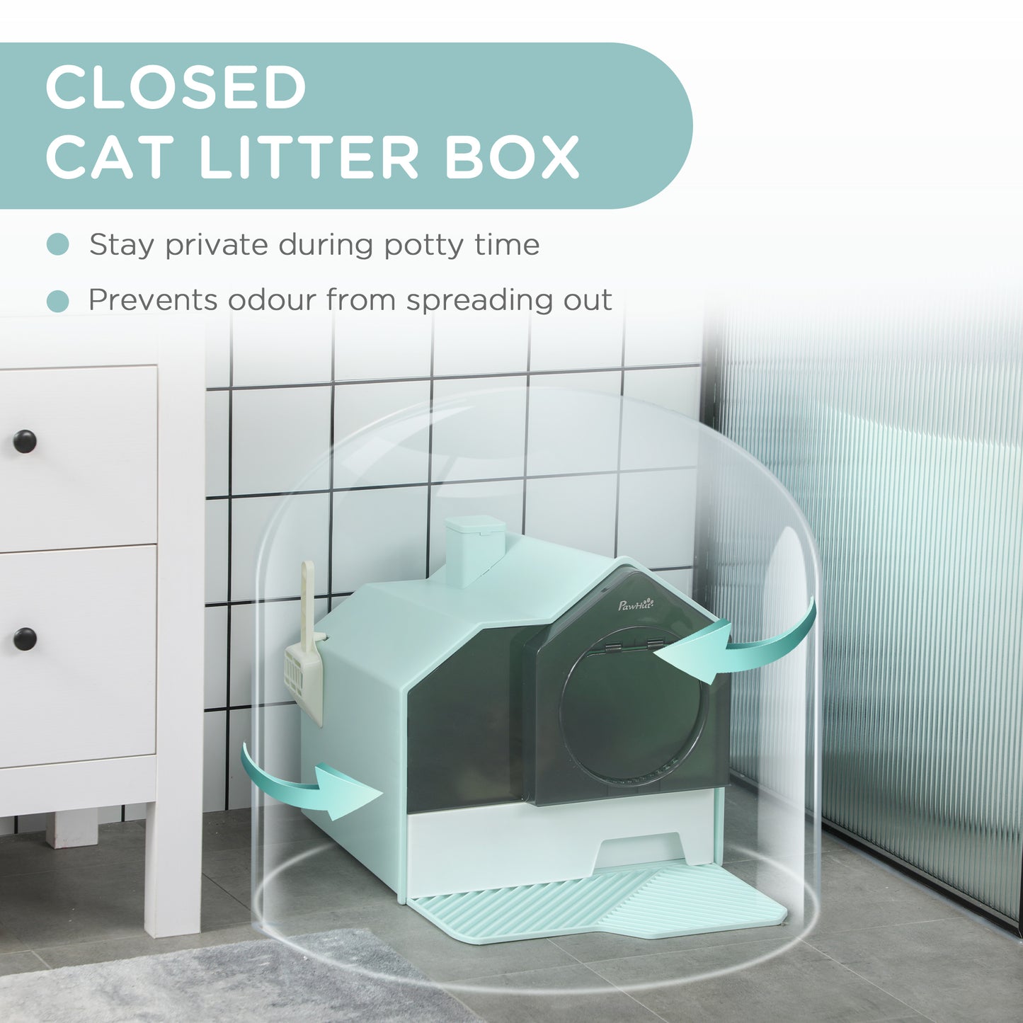 Hooded Cat Litter Box with Litter Mat, Odor Control, Light Blue