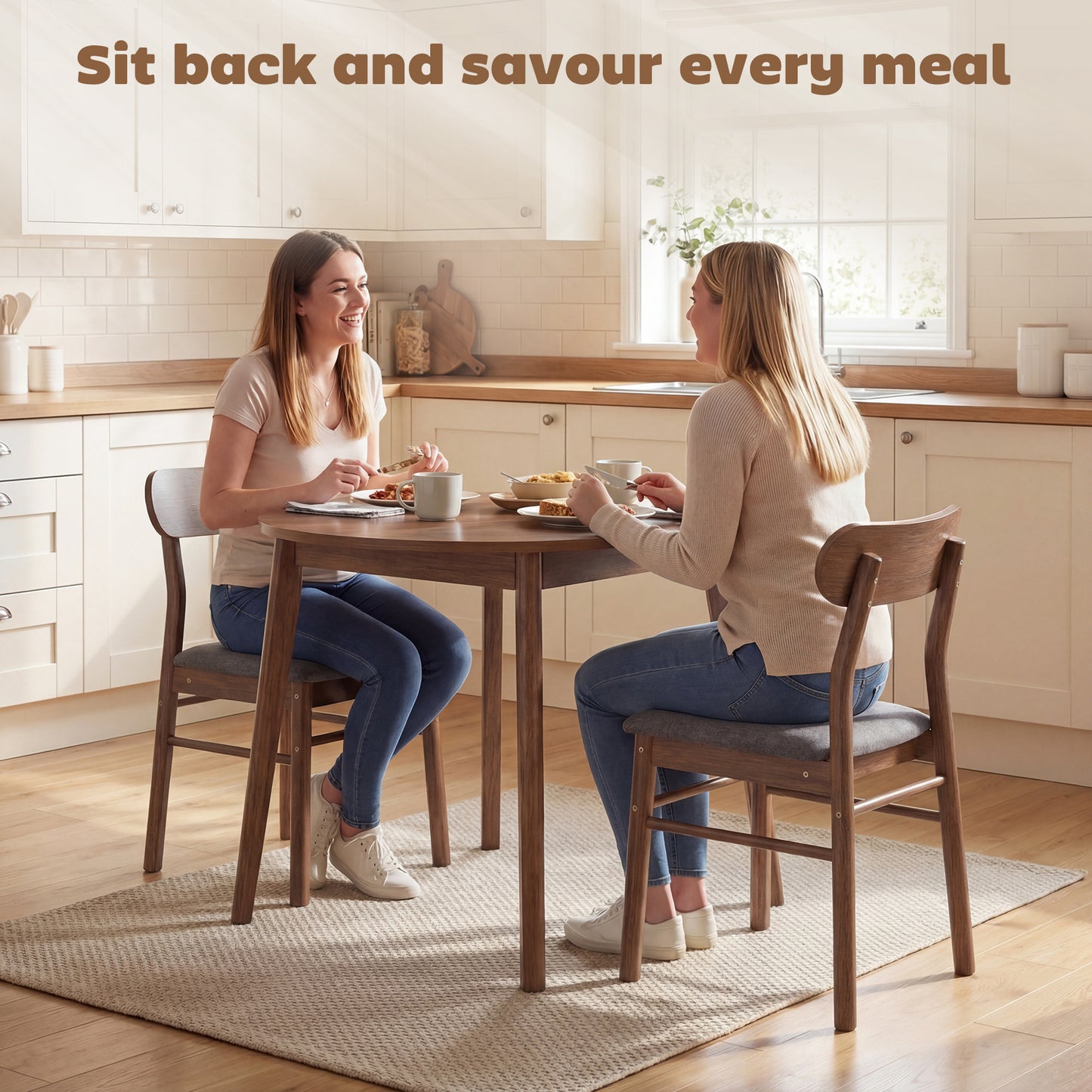 Set of 2 Dining Chairs, Upholstered Room Chairs with Rubberwood Legs