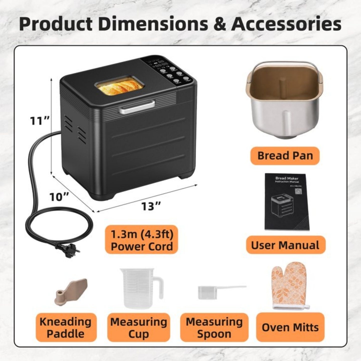 Bread Maker Machine with 12 Menu Options, Multiple Loaf & Crust Settings, Removable Pan