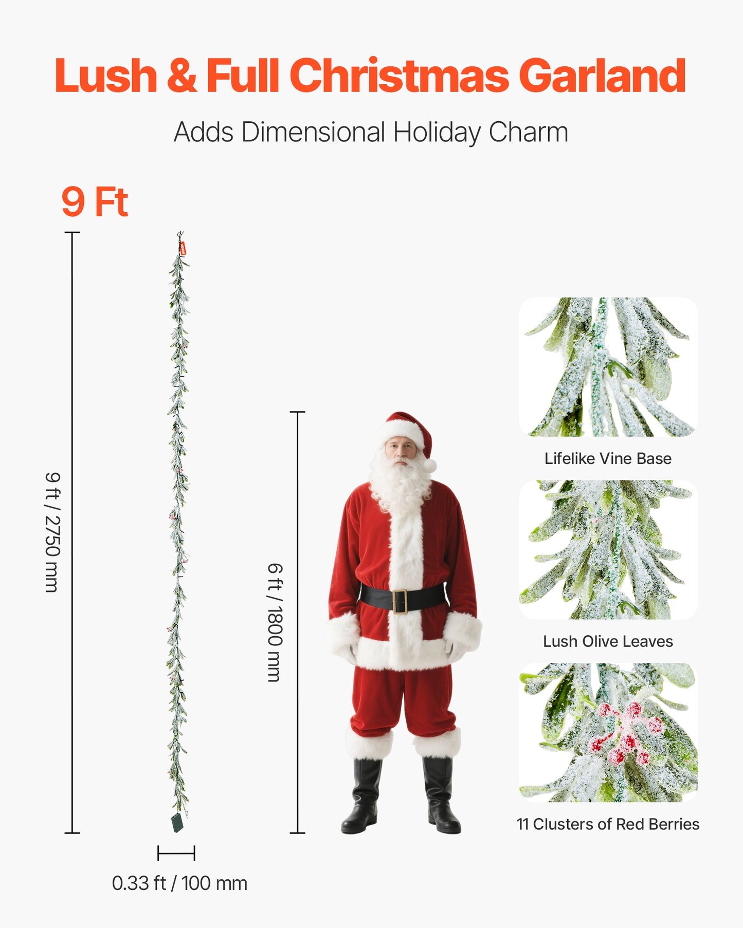 9Ft Christmas Garland with LED Lights, Realistic Vines & Berries, Green