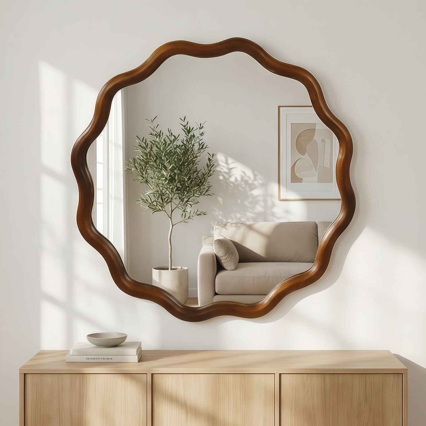 36-Inch Wavy Round Decorative Mirror - Black Walnut Frame