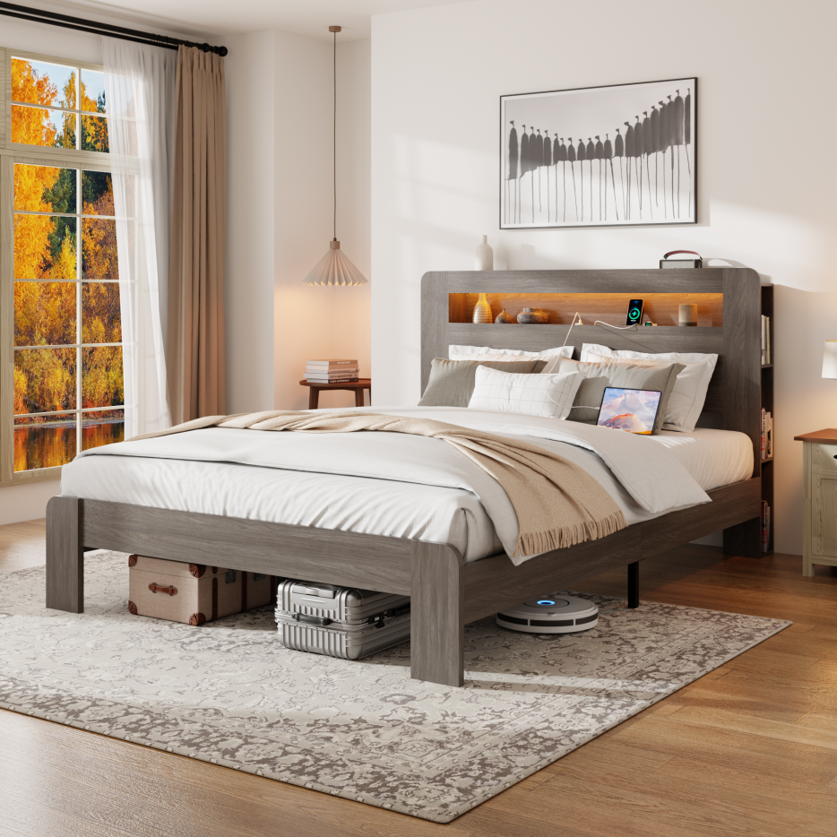 Queen Wood Bed Frame with LED Headboard, USB Ports & Storage