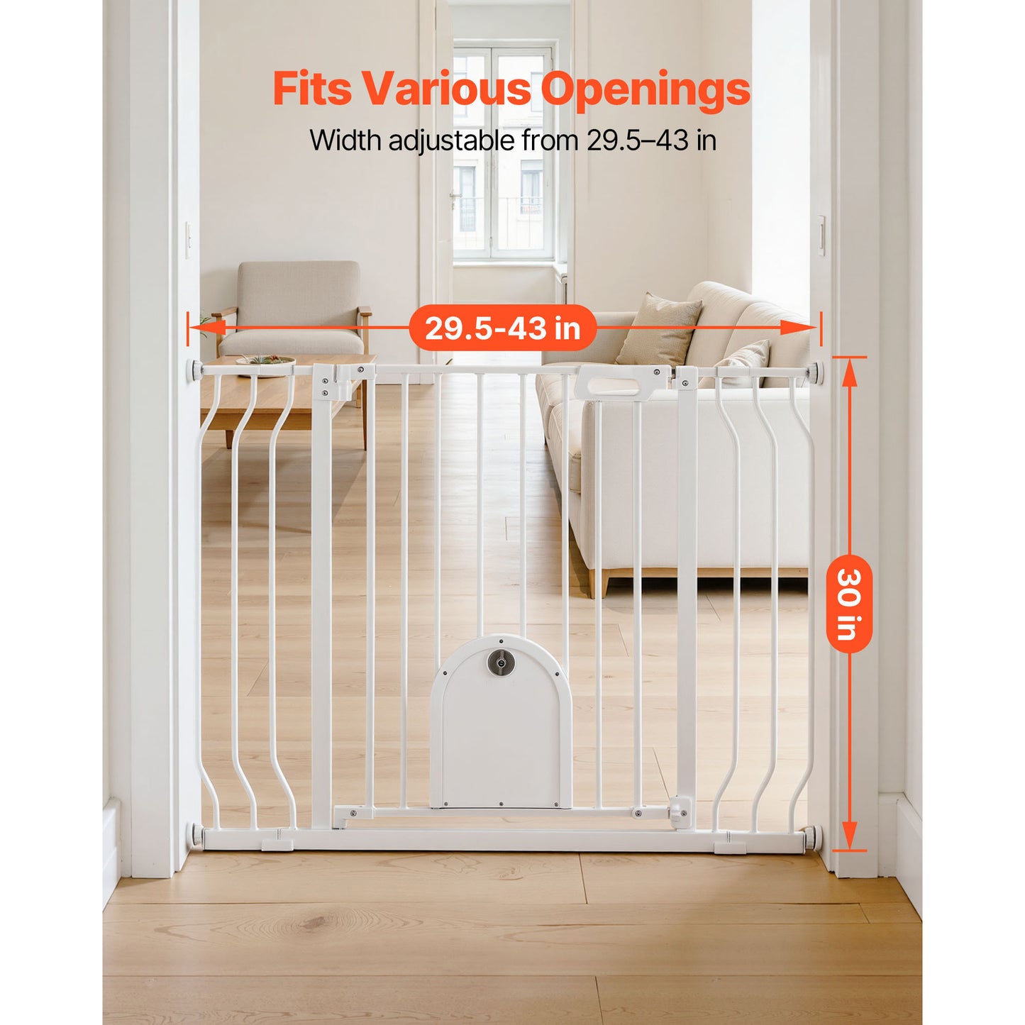Adjustable Baby Gate for Stairs & Doorways with Cat Door, Pressure & Wall Mount, White