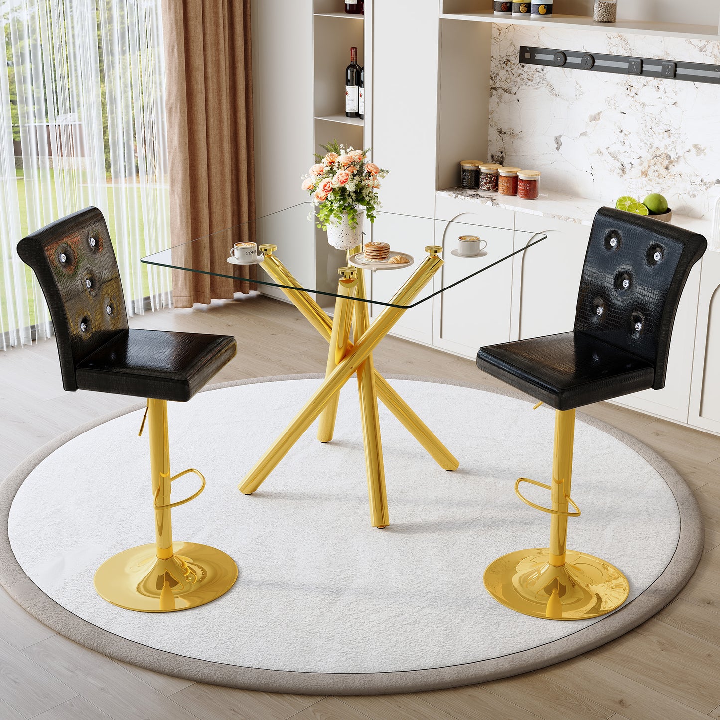 Modern Glass Bar Table And Adjustable Stools Set Of 2, Contemporary