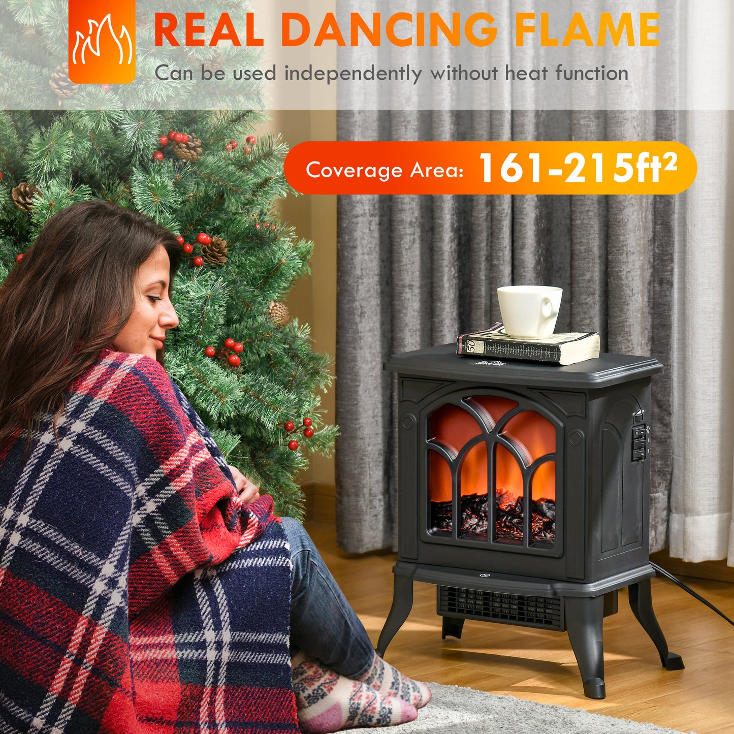 Electric Fireplace Heater with Realistic Logs & Flame Effect, Freestanding, 750W/1500W, Black