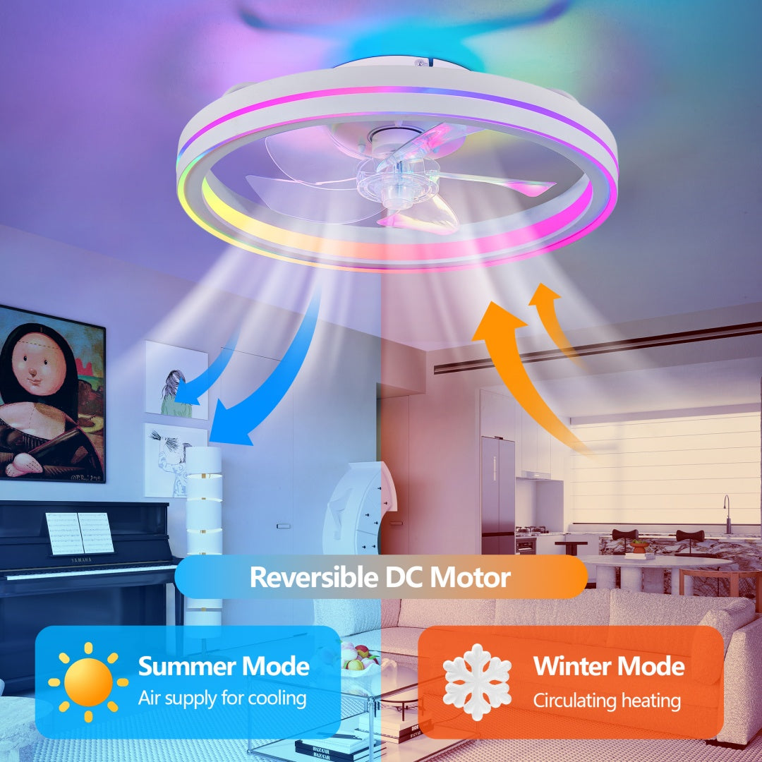 19in RGB Ceiling Fan with Lights Remote App Control Modern Low Profile Flush Mount