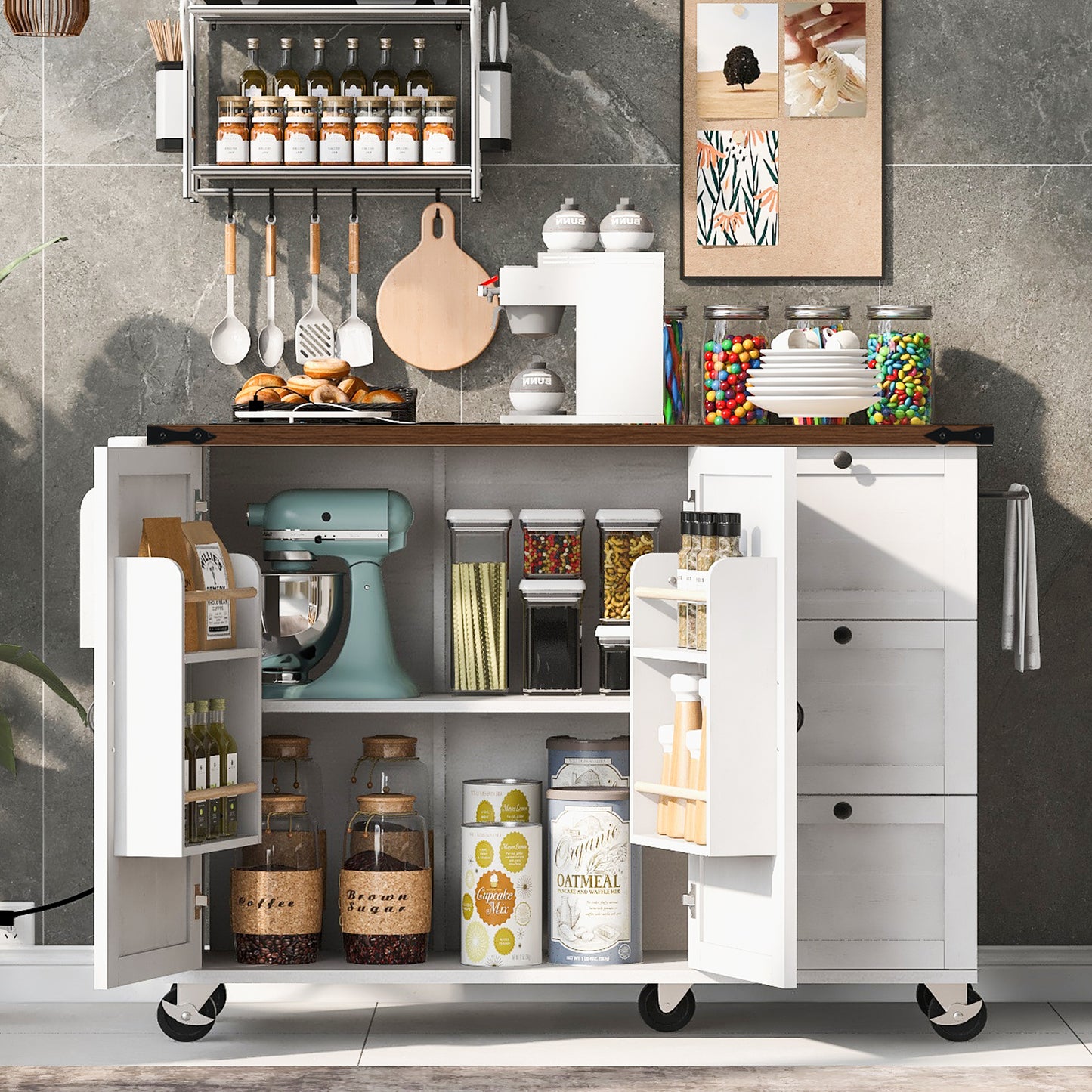 54.5 Farmhouse Kitchen Island With Power Outlet,Kitchen Storage