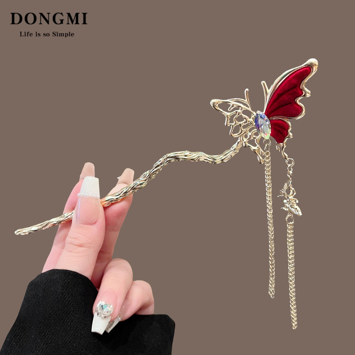 Vintage Floral Hair Stick with Red Flowers and Gold Leaves - Women’s Hair Accessory
