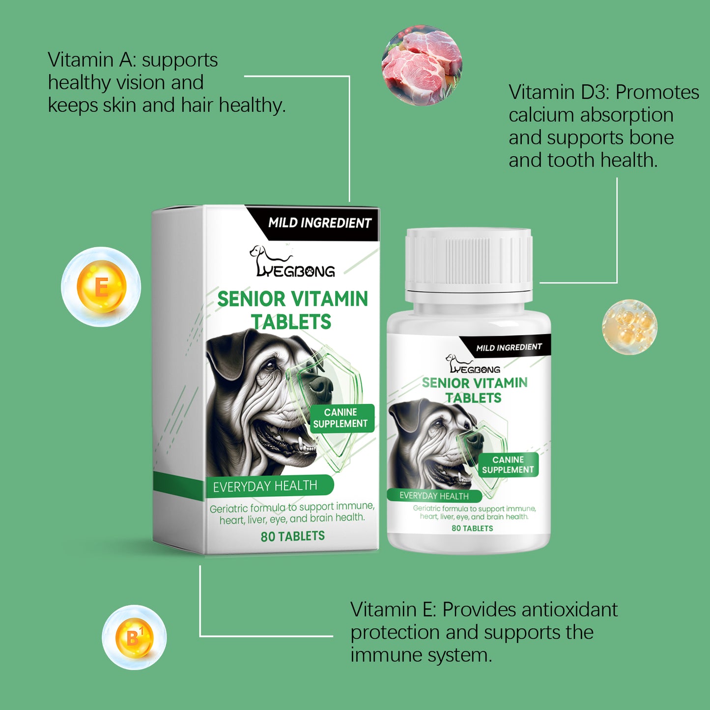 Senior Dog Multivitamin Chewables - Support Immunity, Eyes, Skin & Bones - 80 Tablets