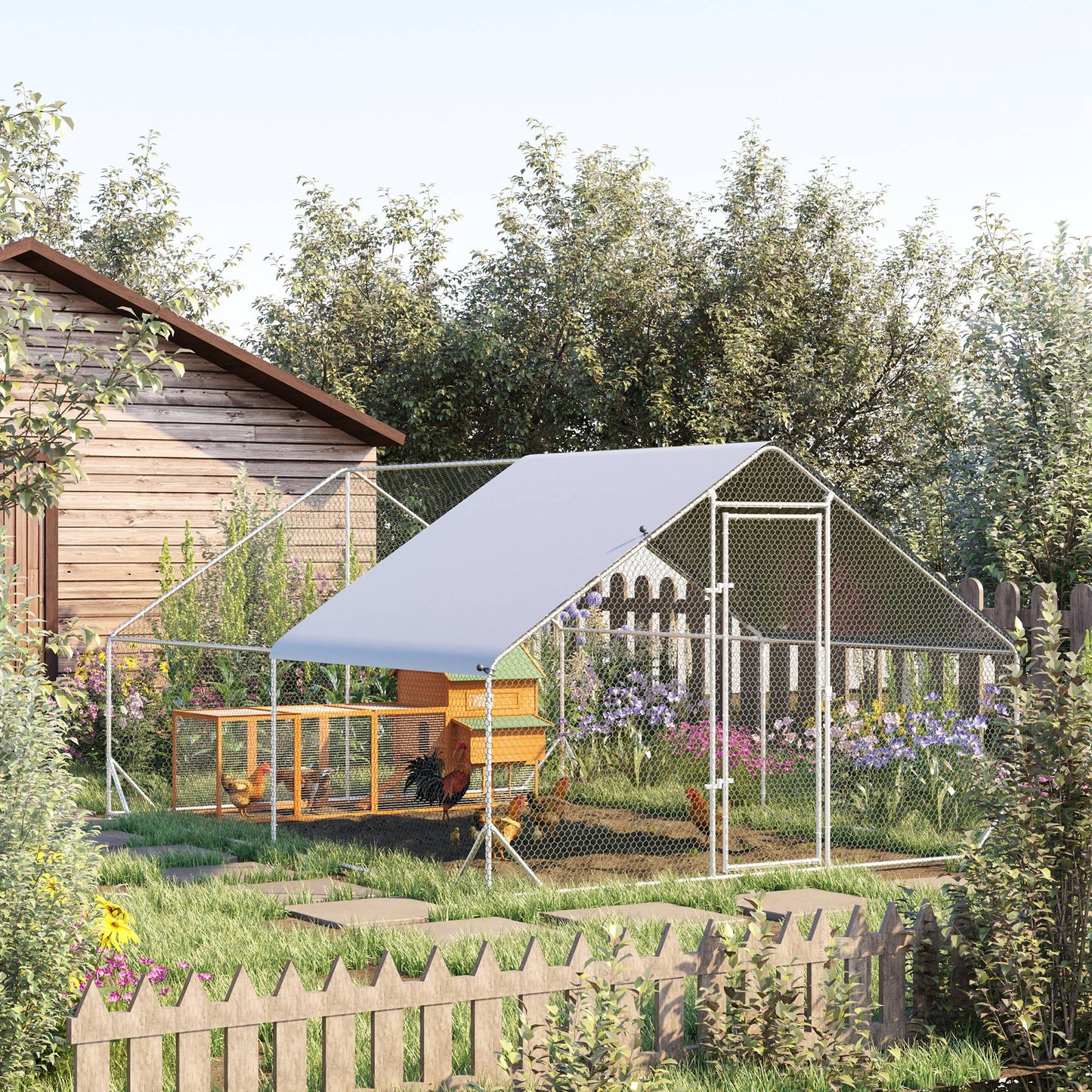 Metal Chicken Coop with Cover Lockable Door Outdoor Hen House 10x13x6.5