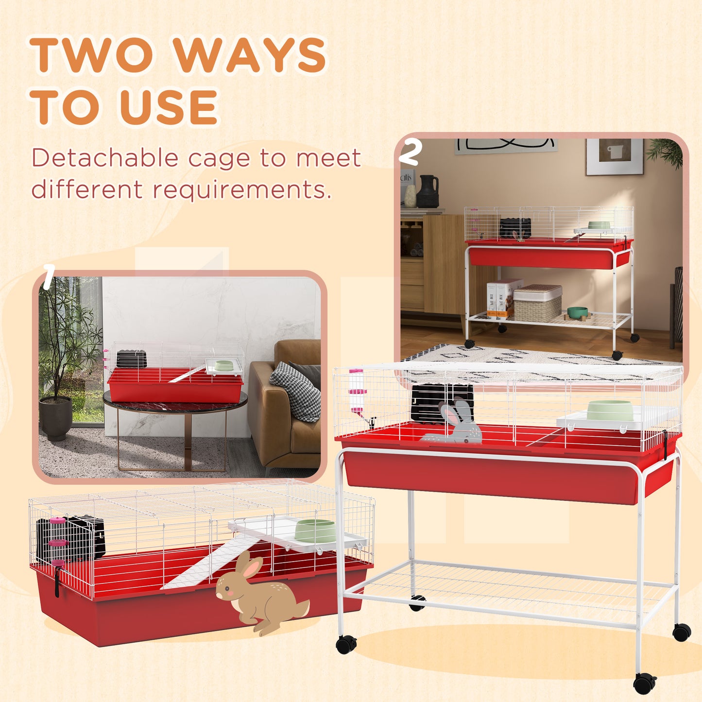 Small Animal Cage with Removable Stand, Wheels & Shelf - 39x20.5x36.5 Inches, Red