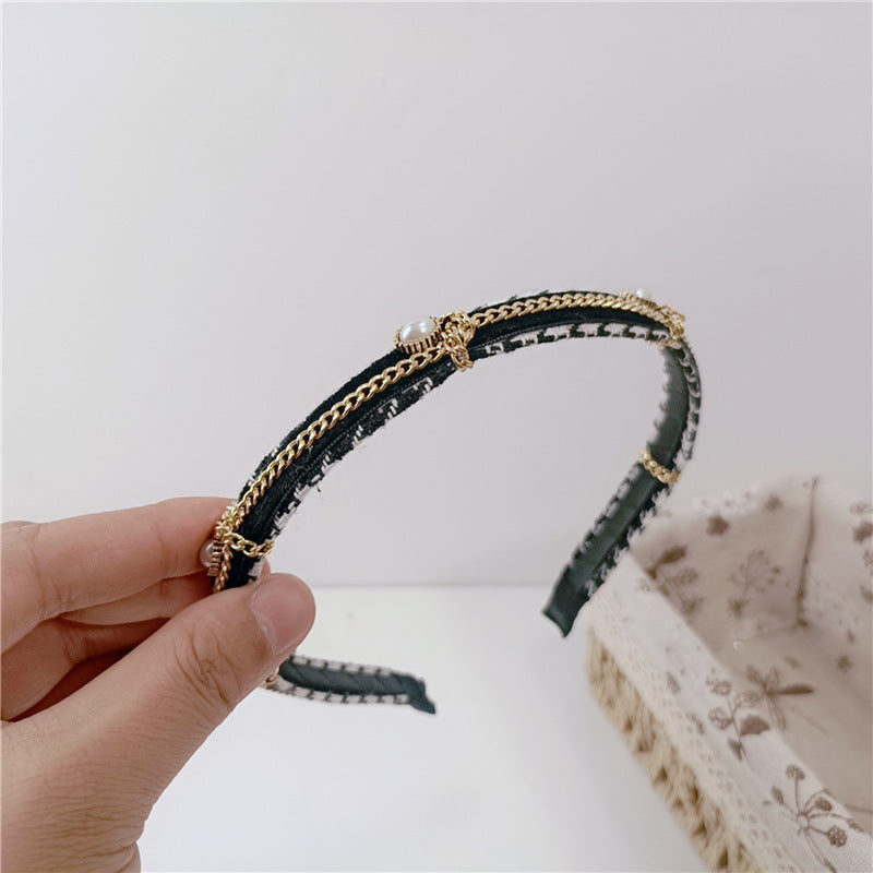French Maiden Pearl Headband for Women - Retro Plaid Style, Black