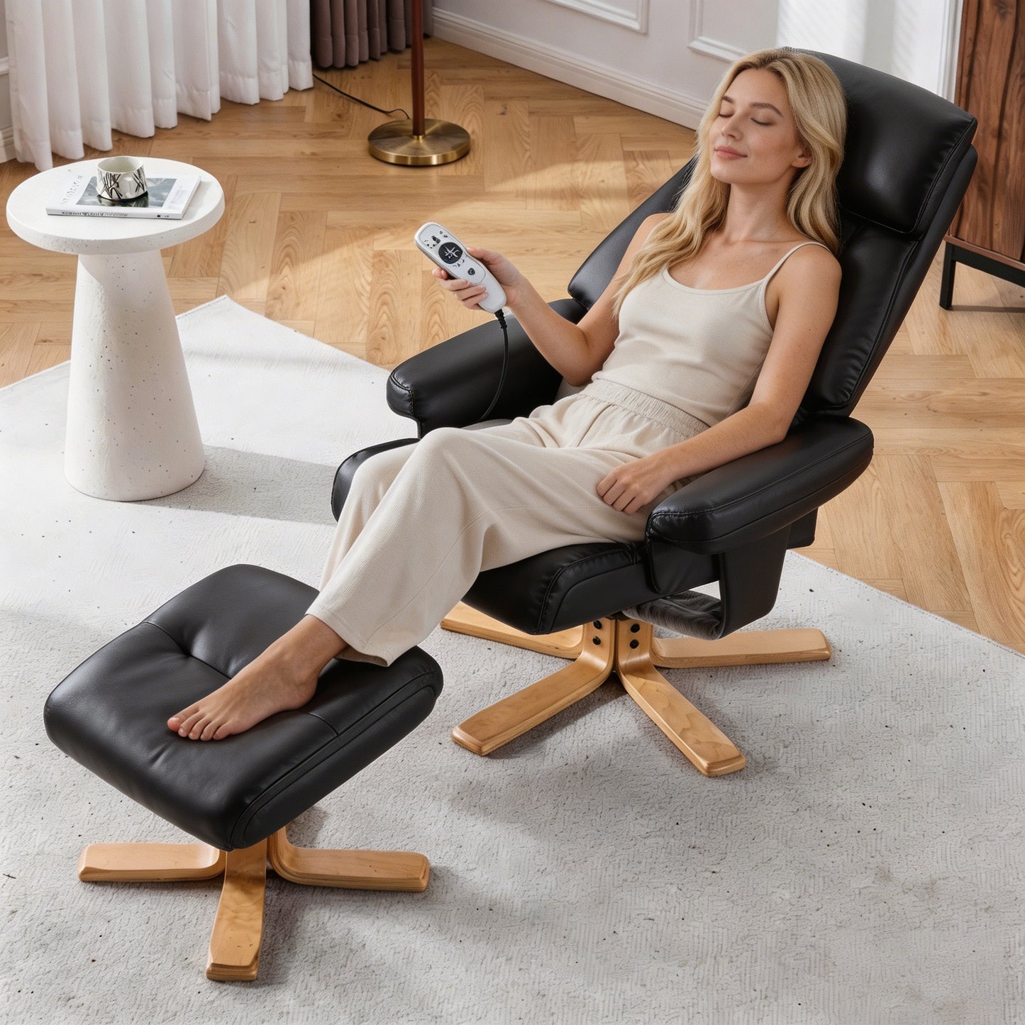Black PU Leather Heated Massage 360 Swivel Accent Chair, Chair With
