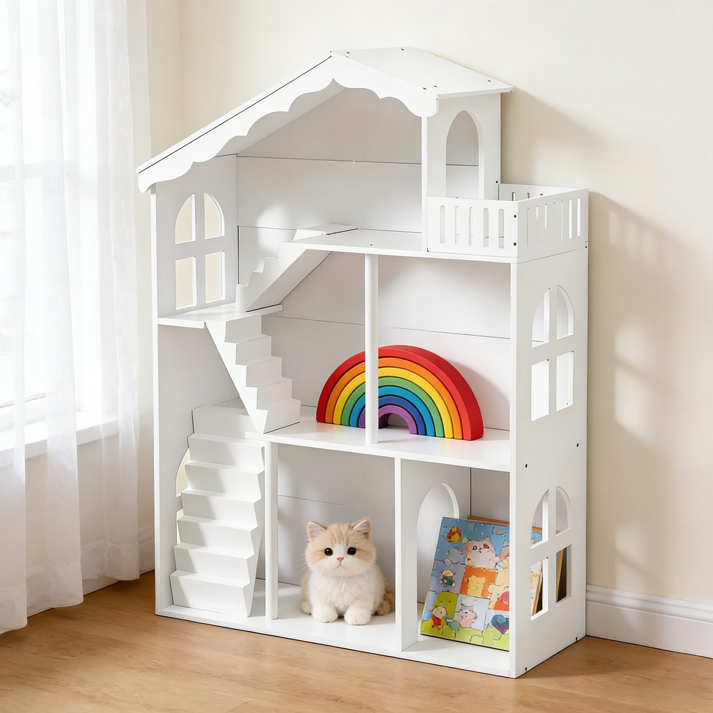 Kids Dollhouse Bookshelf 3 Tier Open Design Wooden Toy House Bookcase