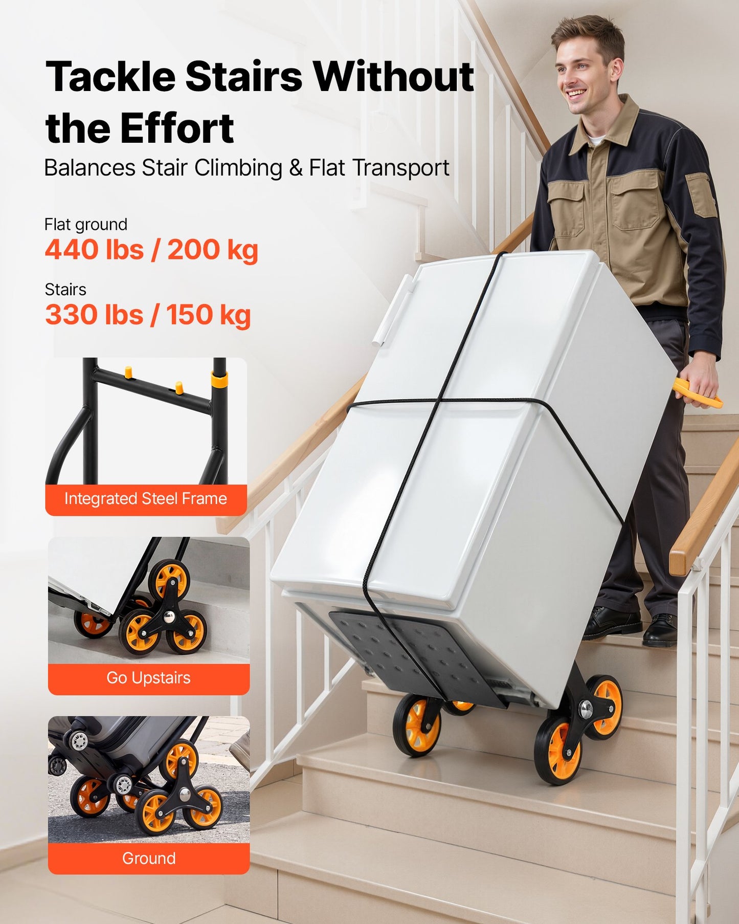 Heavy-Duty Stair Climbing Hand Truck with Folding Design & Bungee Cords - Black