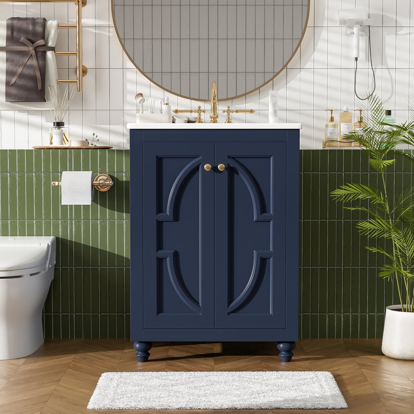 24" Blue Modern Bathroom Vanity with Ornate Design & Soft-Close Hinges