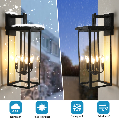 Outdoor Wall Lanterns - Modern Black Metal Frame with Clear Glass, Weatherproof Porch Sconces, No Bulbs
