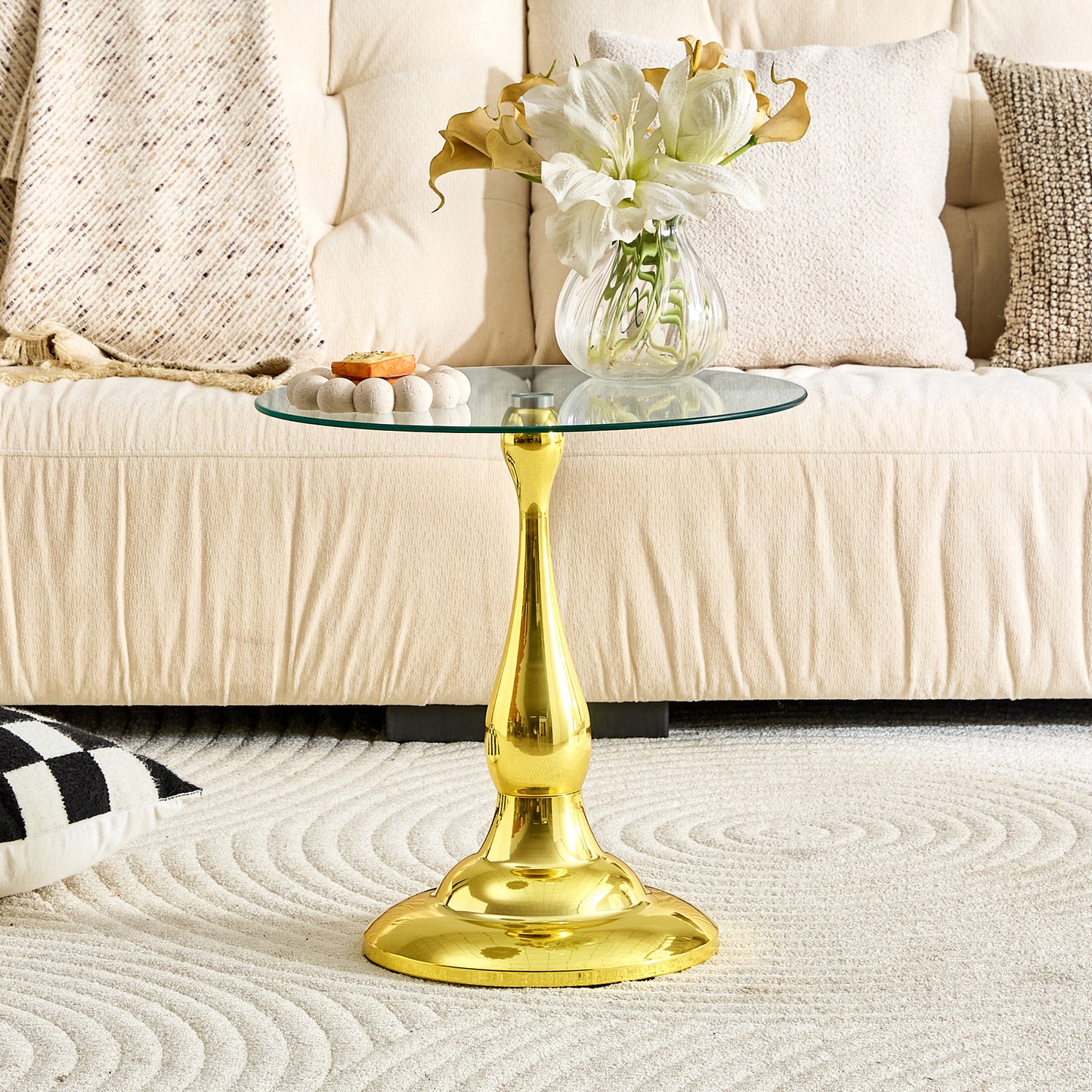Modern Round Metal Side Table with Glass Top - Gold
