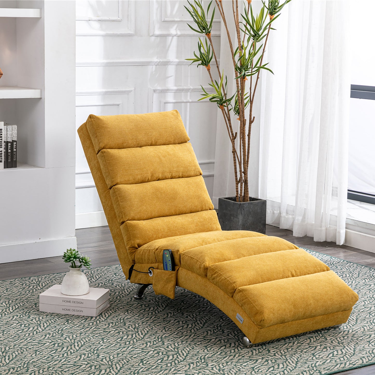 Luxury Upholstered Chaise Lounge Chair with Vibration - Mustard