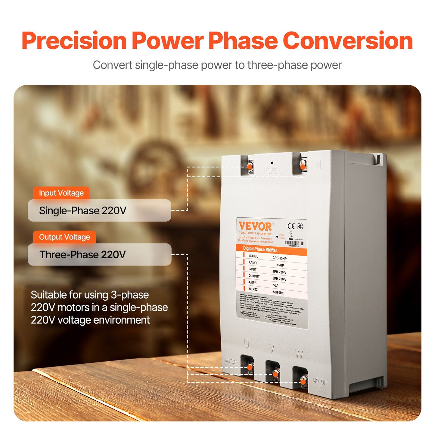 15HP 53A 220V Single to 3-Phase Power Converter for Industrial Motor Equipment