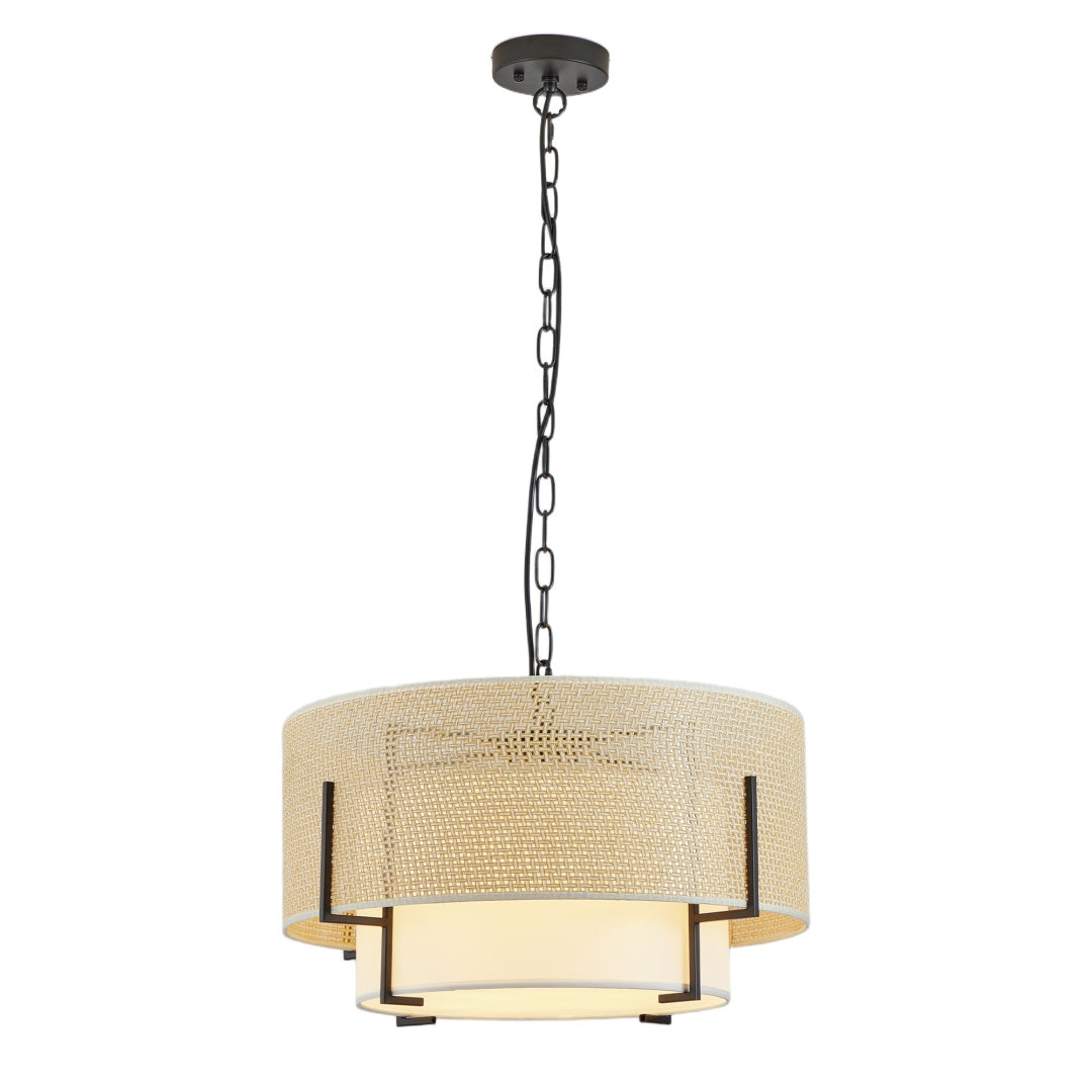 19.7in Farmhouse Boho Rattan Chandelier with Fabric Shade - 4-Light Pendant Light for Dining Room Kitchen Bedroom