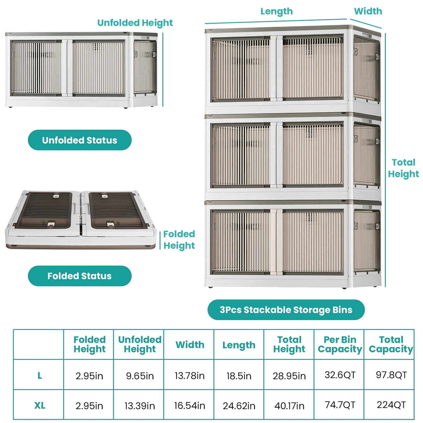 3Pcs Foldable Storage Bins With Lid 4 Doors Collapsible Stackable