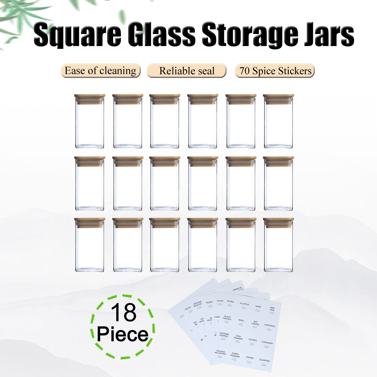 18-Piece Square Spice Jar Set with 72 Stickers - Kitchen Organizer