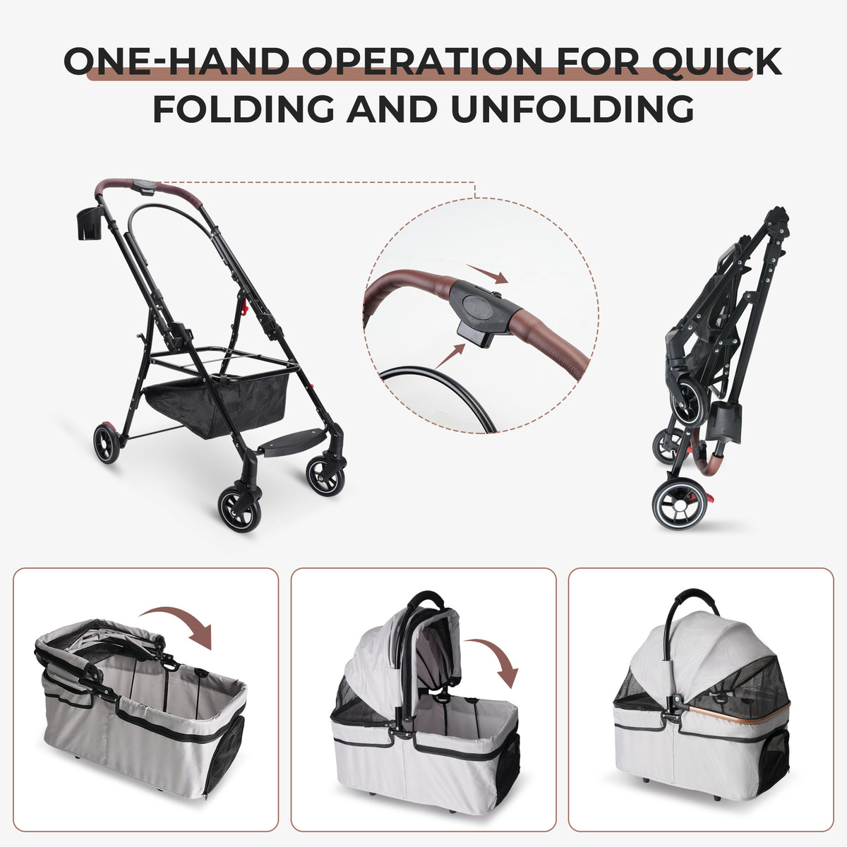 Foldable 4-Wheel Pet Stroller for Small Dogs & Cats - Grey, Travel & Separable Carrier