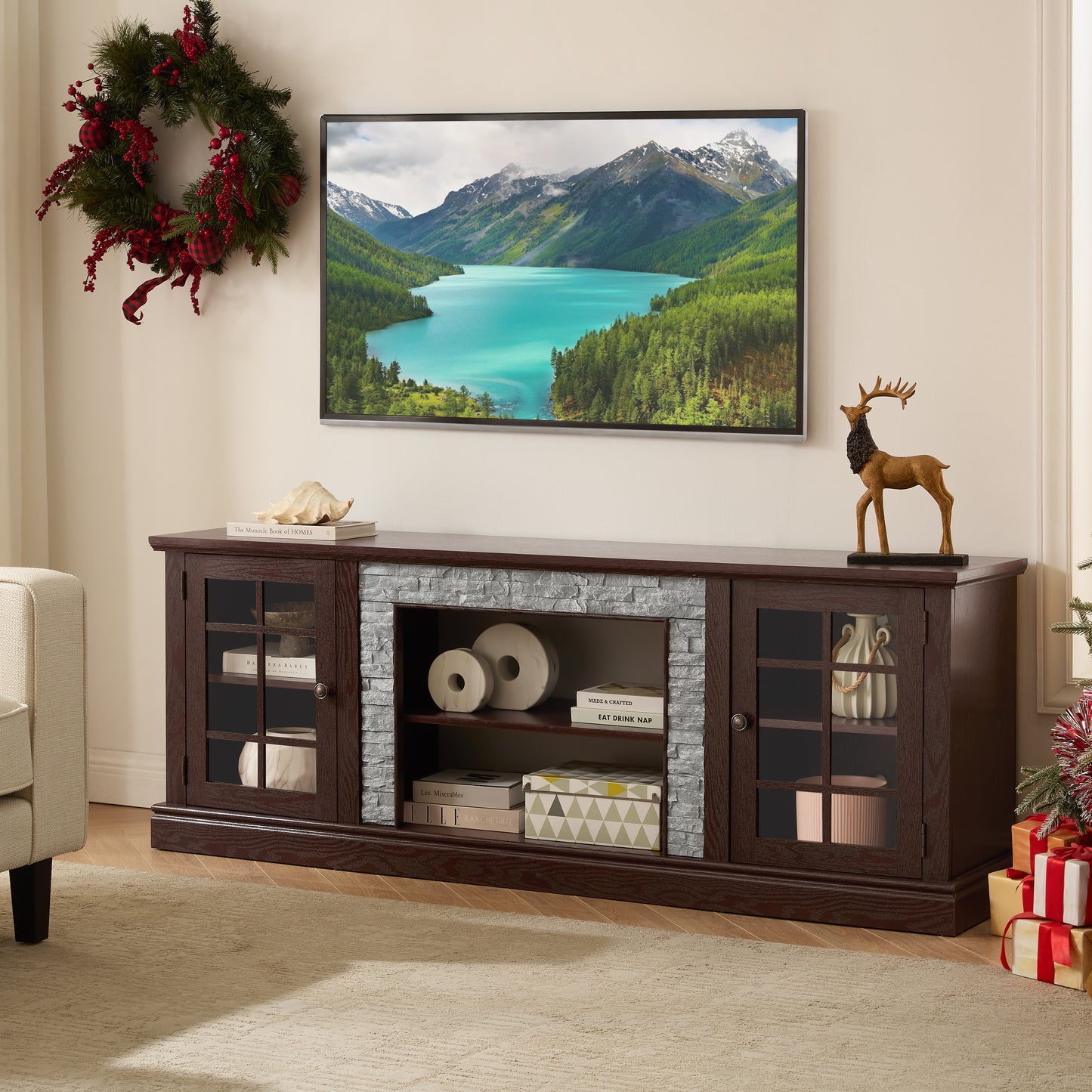 70 Modern TV Stand With 2-Door Storage, Faux Stone Media Console