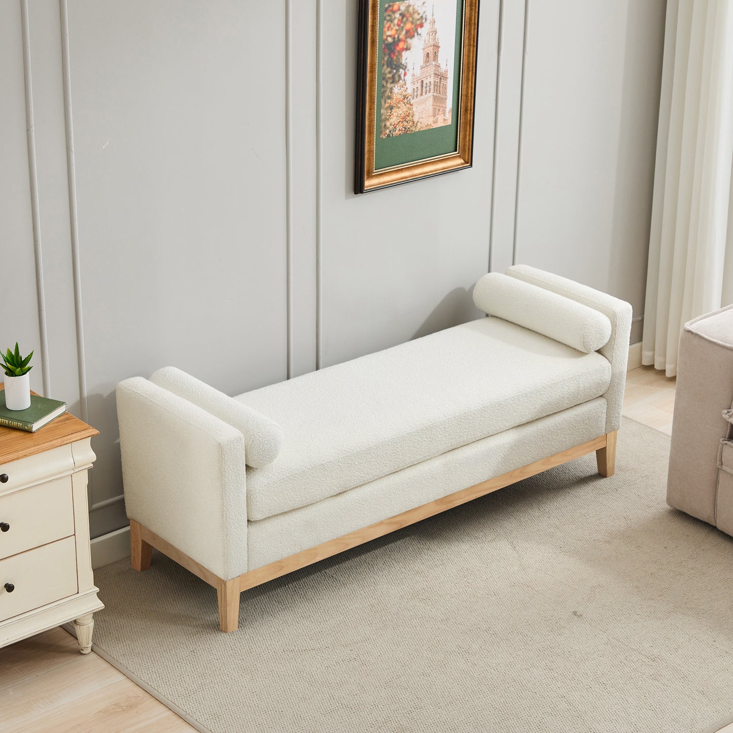 Upholstered End of Bed Bench with Wood Frame - Ivory Boucle